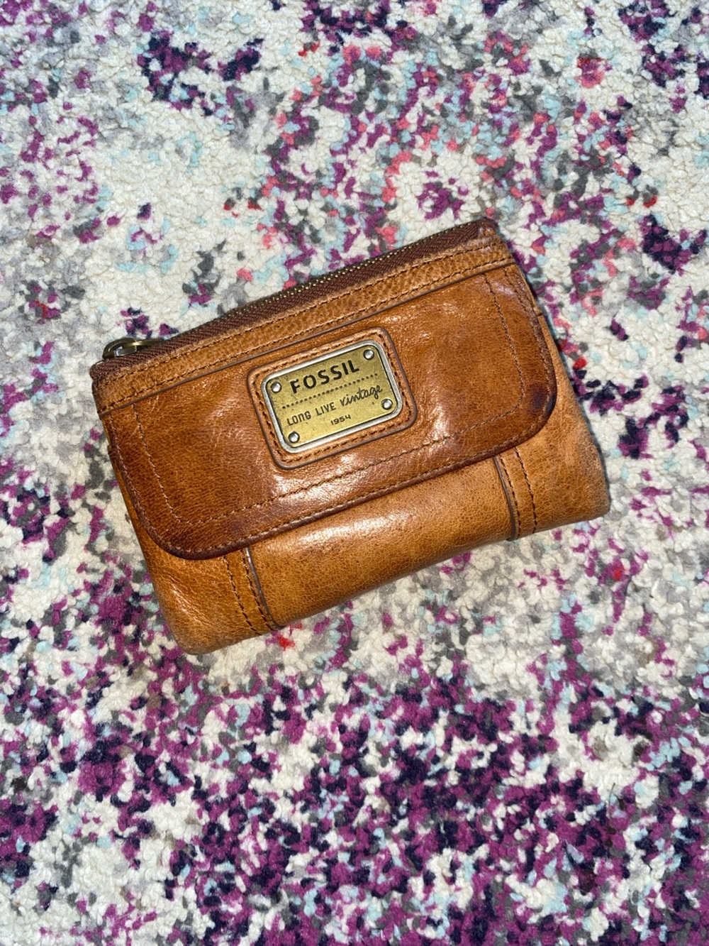 Fossil Cognac Brown Leather Zip Card Wallet